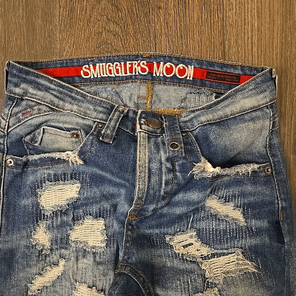 Smugglers Moon Distressed Blue Jeans Mens 28x31 Rare Sippin When Moon Shine - Picture 3 of 7